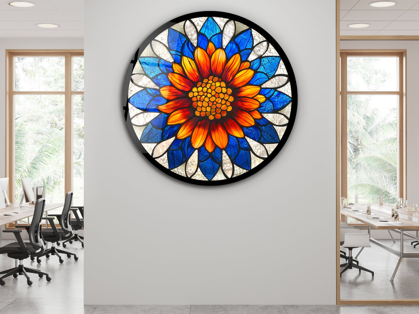 Çiçek Cam Tablo – Vitray Desen Tablo - Yuvarlak Cam Duvar Dekoru