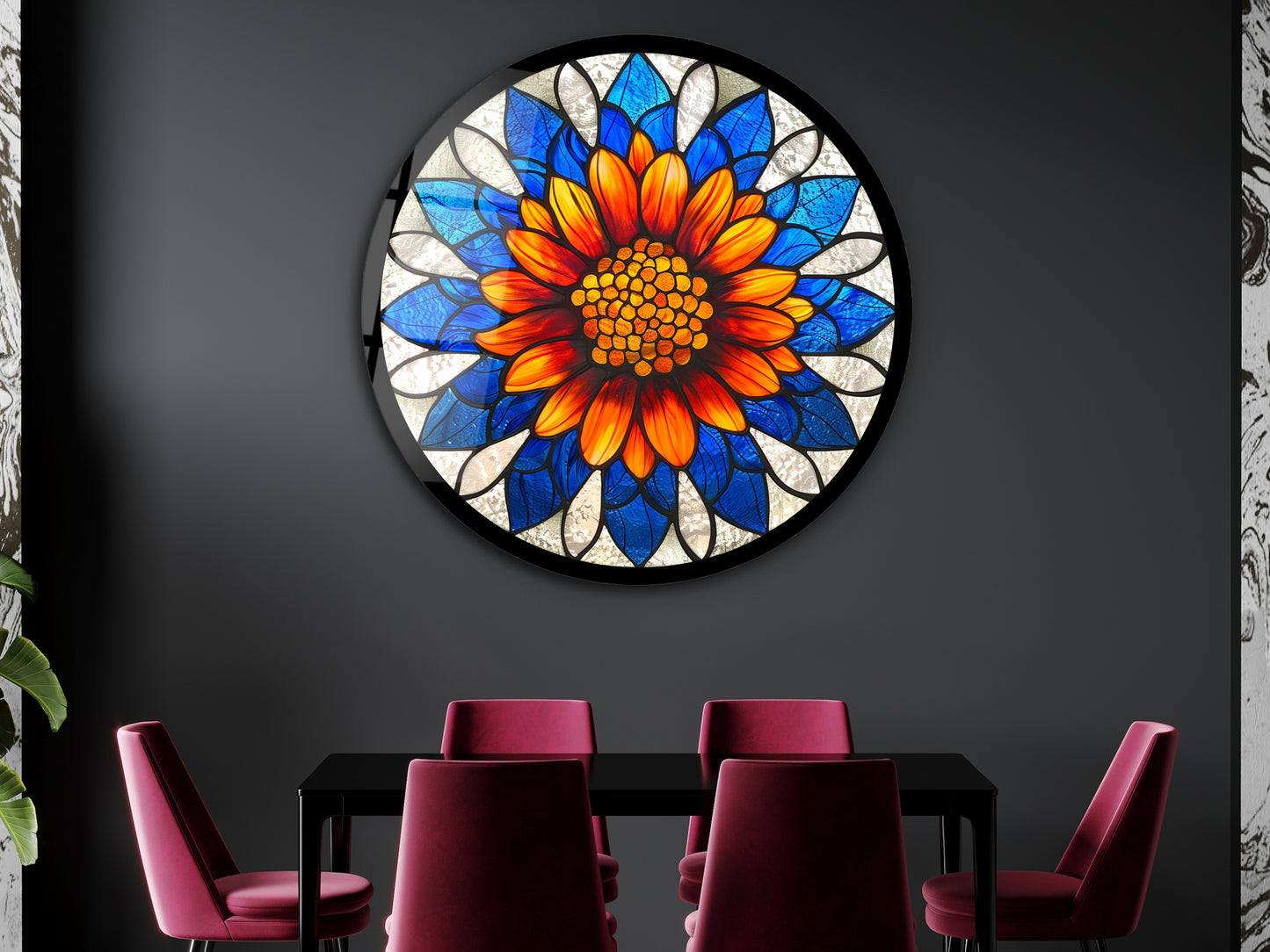 Çiçek Cam Tablo – Vitray Desen Tablo - Yuvarlak Cam Duvar Dekoru