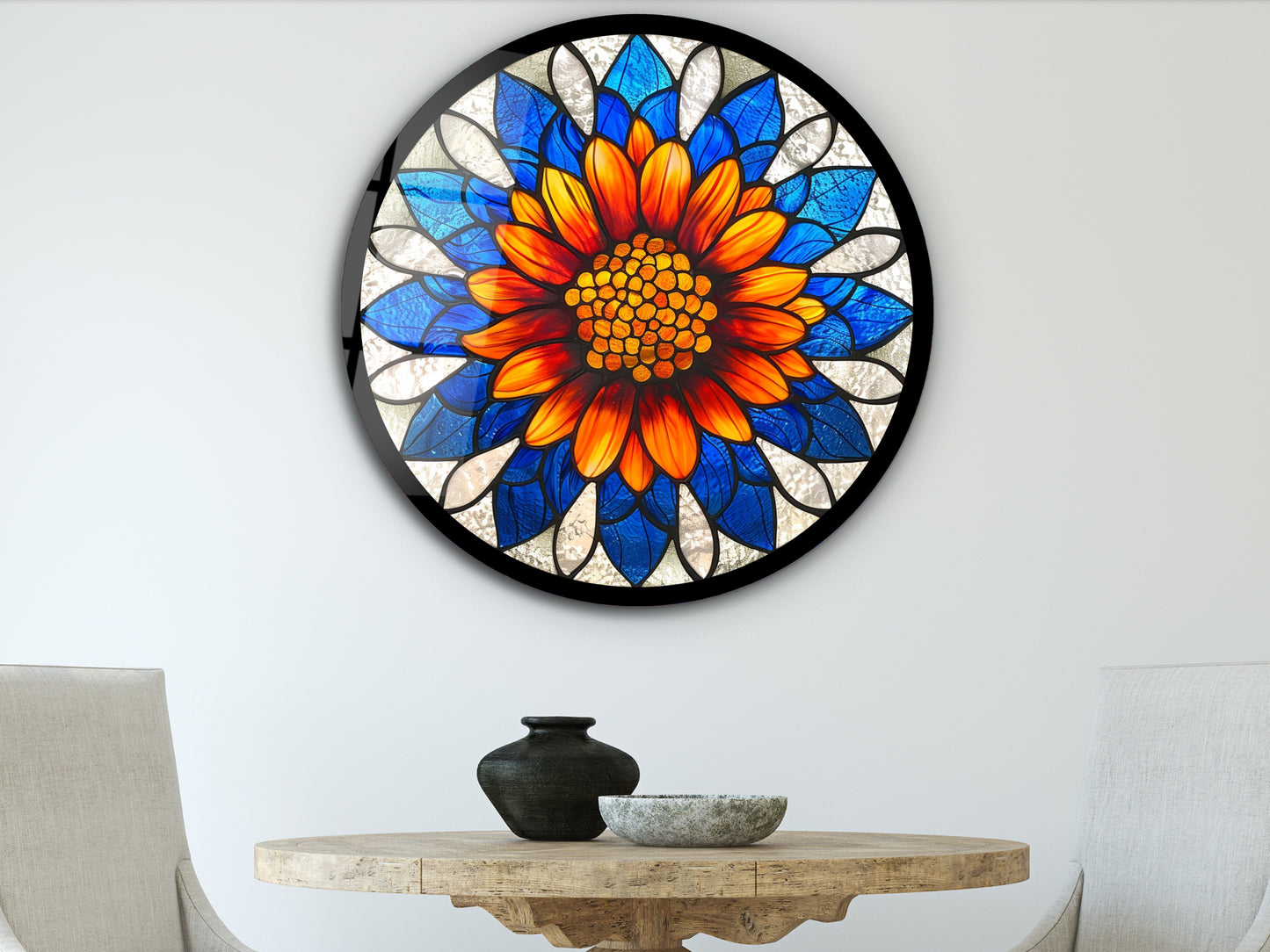 Çiçek Cam Tablo – Vitray Desen Tablo - Yuvarlak Cam Duvar Dekoru