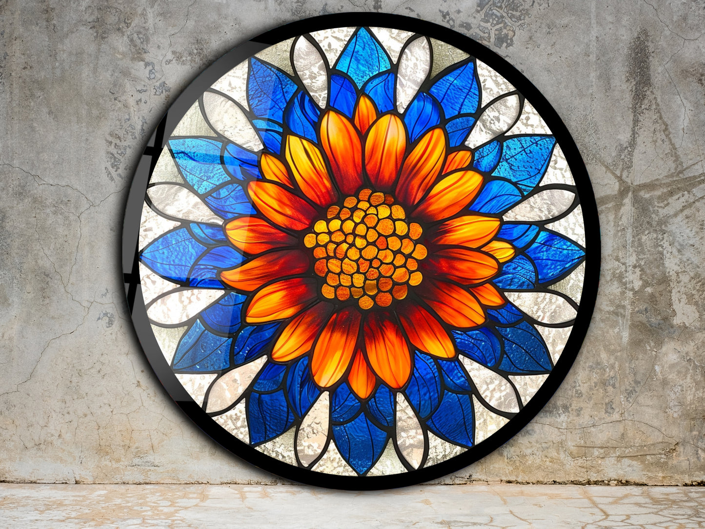 Çiçek Cam Tablo – Vitray Desen Tablo - Yuvarlak Cam Duvar Dekoru