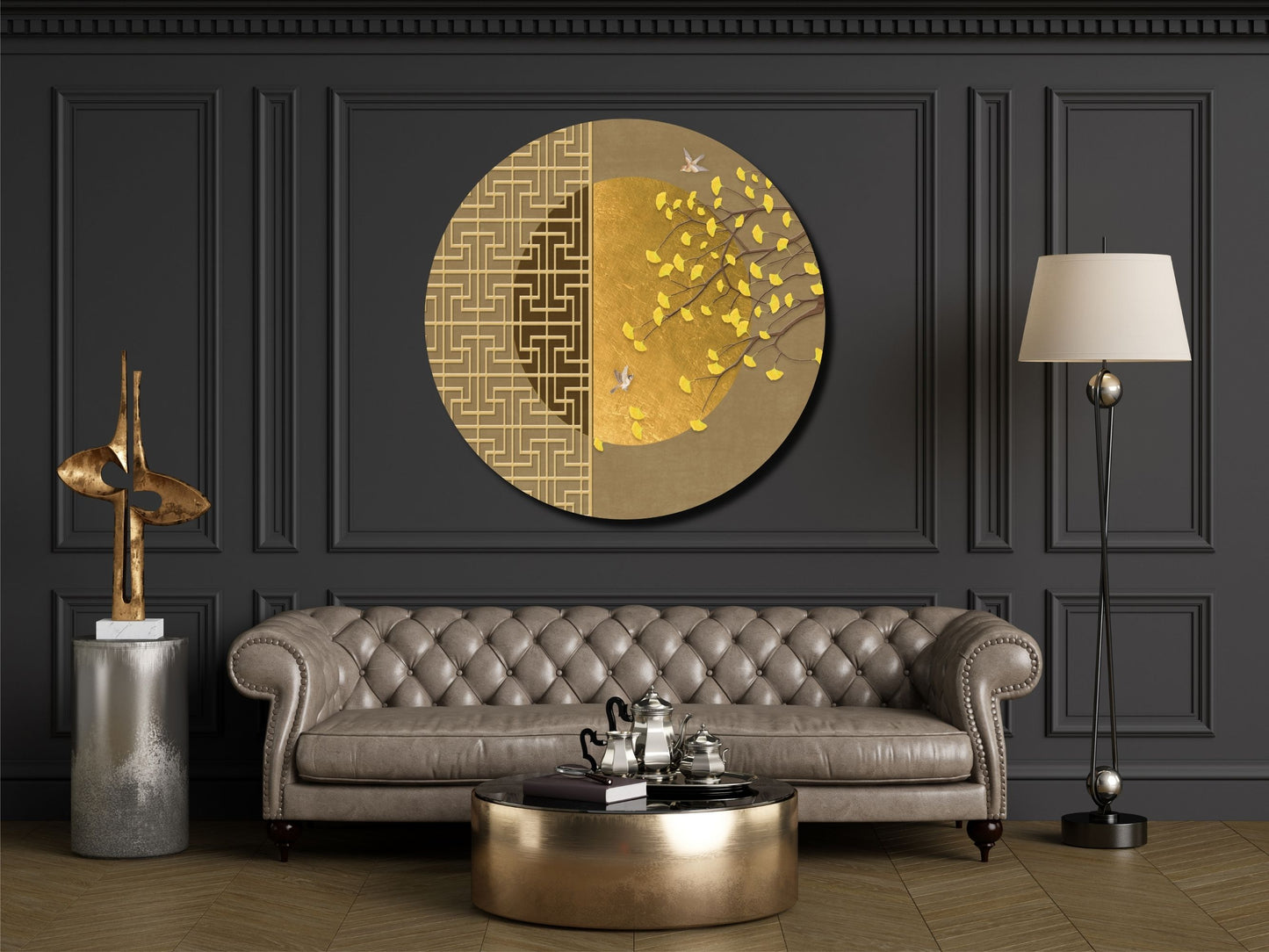 Kuş ve Yaprak Desenli Cam Tablo – Gold Yuvarlak Modern Duvar Dekoru