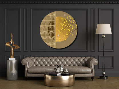 Kuş ve Yaprak Desenli Cam Tablo – Gold Yuvarlak Modern Duvar Dekoru