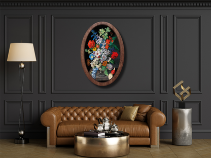 Vintage Stil Çiçek Ahşap Tablo  – Klasik Oval Duvar Dekoru - Bohem Dekoratif Duvar Tablo