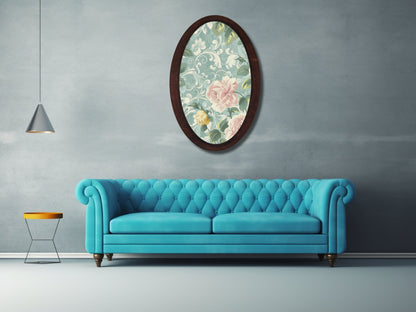 Retro Stil Dekoratif Oval Ahşap Tablo – Klasik Oval Duvar Dekoru - Çiçek Motifli Dekoratif Duvar Tablosu