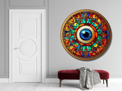 Göz ve Mandala Desenli Vitray Cam Tablo – Spiritüel Sanat - Yuvarlak Renkli Duvar Dekoru