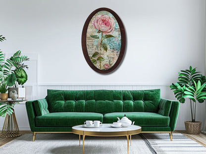 Retro Stil Çiçek Desenli Oval Ahşap Tablo – Klasik Oval Duvar Dekoru - Nostaljik Dekoratif Duvar Tablosu