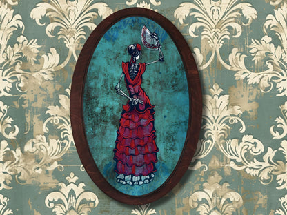 İskelet Kadın Gotik Stil Ahşap Tablo – Meksika Esintili Oval Duvar Dekoru - Vintage Ev Ofis Dekoru