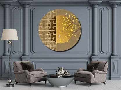 Kuş ve Yaprak Desenli Cam Tablo – Gold Yuvarlak Modern Duvar Dekoru
