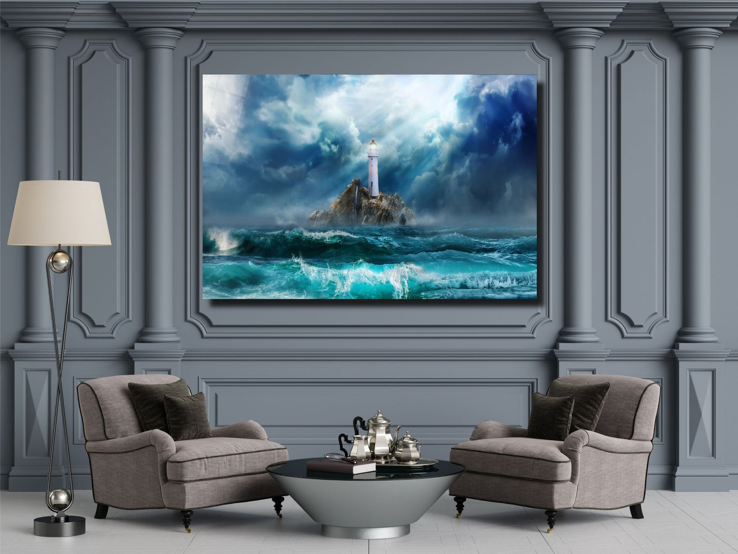 Deniz Feneri ve Okyanus Cam Tablo - Dekoratif Tablo