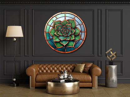 Lotus Vitray Stil Yuvarlak Cam Tablo – Modern Duvar Dekoru