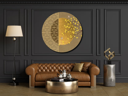 Kuş ve Yaprak Desenli Cam Tablo – Gold Yuvarlak Modern Duvar Dekoru
