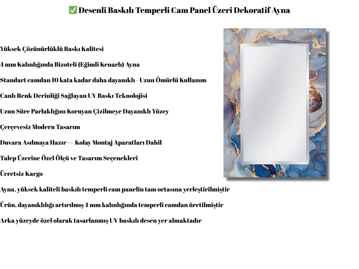 Çerçevesiz Mermer Desenli Ayna - Dekoratif Boy Aynası - Ev Dekorasyonu - Modern Tasarım Ayna - Banyo Aynası - Lavabo Aynası