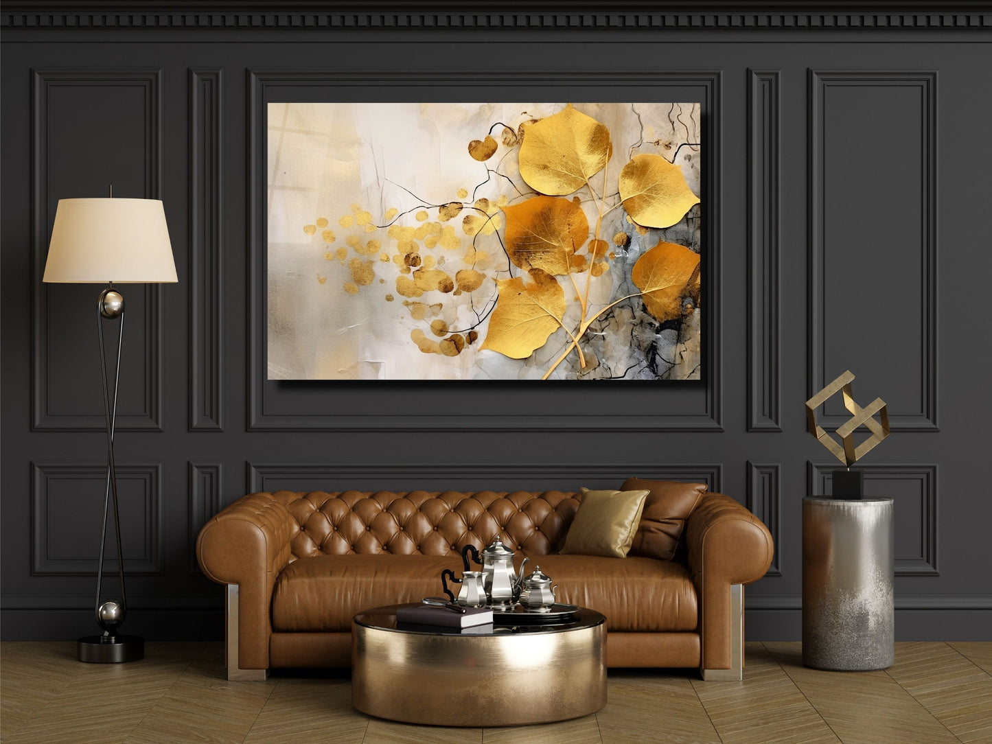Soyut Gold Yaprak Cam Tablo - Dekoratif Tablo