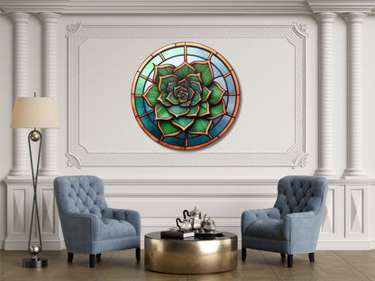 Lotus Vitray Stil Yuvarlak Cam Tablo – Modern Duvar Dekoru