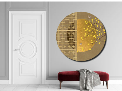 Kuş ve Yaprak Desenli Cam Tablo – Gold Yuvarlak Modern Duvar Dekoru