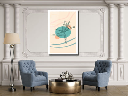 Minimalist Kuş Cenneti Çiçeği Cam Tablo – Çizgisel Botanik Duvar Dekoru – Pastel Renkli Modern Sanat