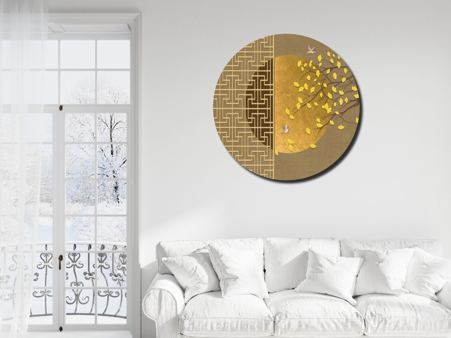 Kuş ve Yaprak Desenli Cam Tablo – Gold Yuvarlak Modern Duvar Dekoru