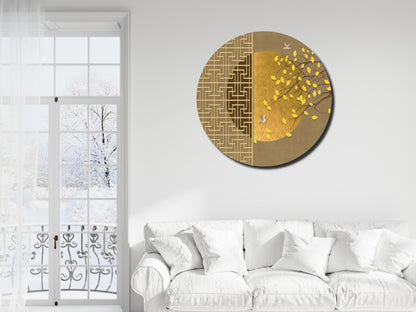 Kuş ve Yaprak Desenli Cam Tablo – Gold Yuvarlak Modern Duvar Dekoru