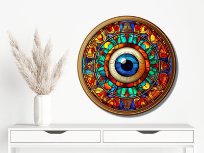 Göz ve Mandala Desenli Vitray Cam Tablo – Spiritüel Sanat - Yuvarlak Renkli Duvar Dekoru