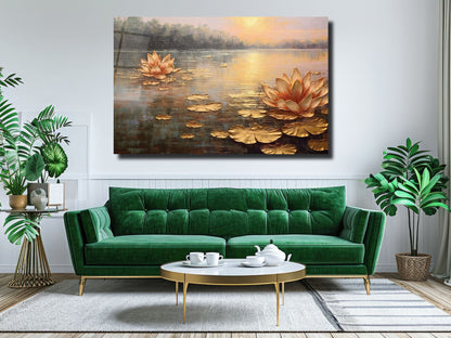 Gold Lotus Cam Tablo - Dekoratif Tablo
