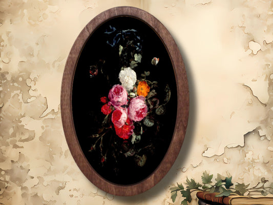 Vintage Çiçek Ahşap Tablo – Barok&Klasik Stil Oval Duvar Dekoru