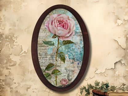 Retro Stil Çiçek Desenli Oval Ahşap Tablo – Klasik Oval Duvar Dekoru - Nostaljik Dekoratif Duvar Tablosu