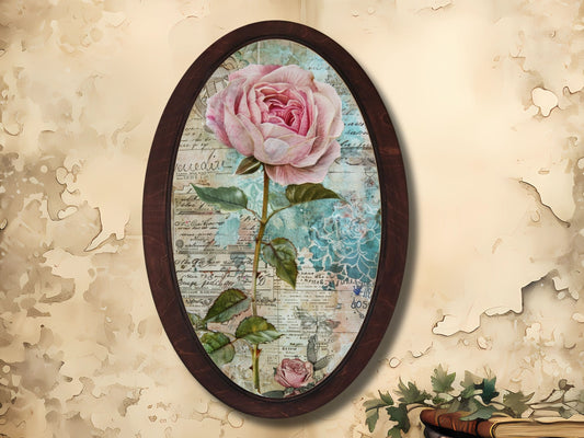 Retro Stil Çiçek Desenli Oval Ahşap Tablo – Klasik Oval Duvar Dekoru - Nostaljik Dekoratif Duvar Tablosu