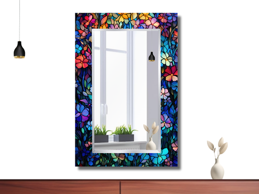 Çiçek Vitray Desenli Ayna - Modern Dekoratif Ayna - Boy Aynası - Banyo Aynası - Ev Duvar Dekorasyonu
