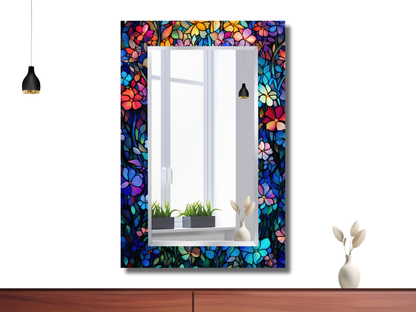 Çiçek Vitray Desenli Ayna - Modern Dekoratif Ayna - Boy Aynası - Banyo Aynası - Ev Duvar Dekorasyonu