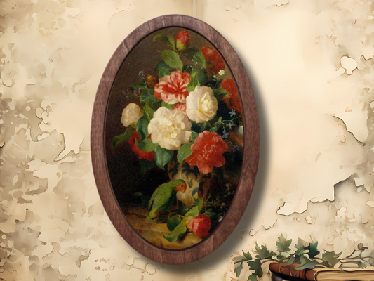Vintage Çiçek Ahşap Tablo  – Klasik Oval Duvar Dekoru - Dekoratif Duvar Tablosu
