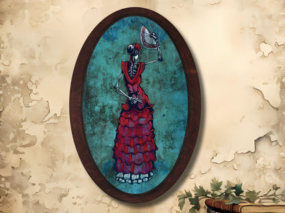 İskelet Kadın Gotik Stil Ahşap Tablo – Meksika Esintili Oval Duvar Dekoru - Vintage Ev Ofis Dekoru