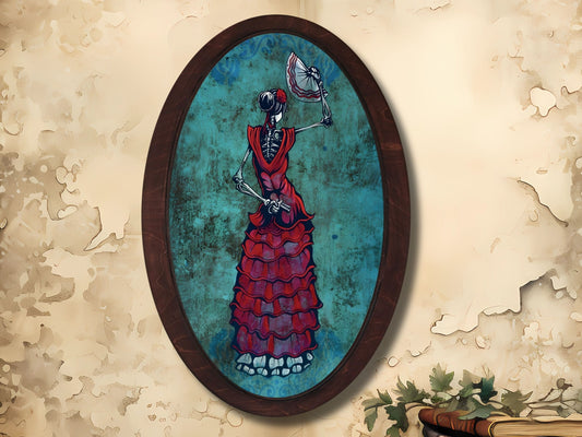 İskelet Kadın Gotik Stil Ahşap Tablo – Meksika Esintili Oval Duvar Dekoru - Vintage Ev Ofis Dekoru