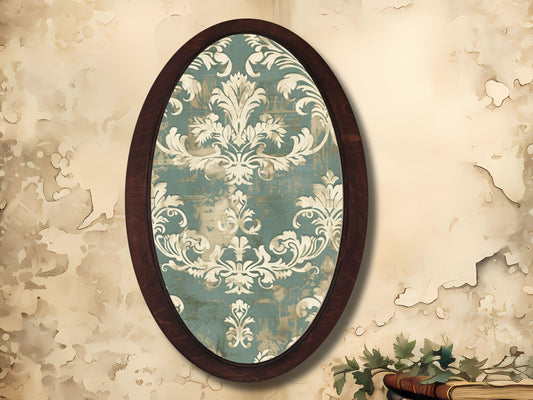 Vintage Damask Desenli Ahşap Tablo – Klasik Viktoryen Oval Duvar Dekoru - Eskitme Efektli Dekoratif Duvar Tablosu