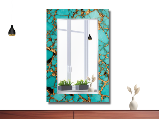 Dekoratif Turkuaz Mermer Desenli Ayna - Modern Tasarım Ayna - Banyo Aynası - Minimalist Boy Aynası