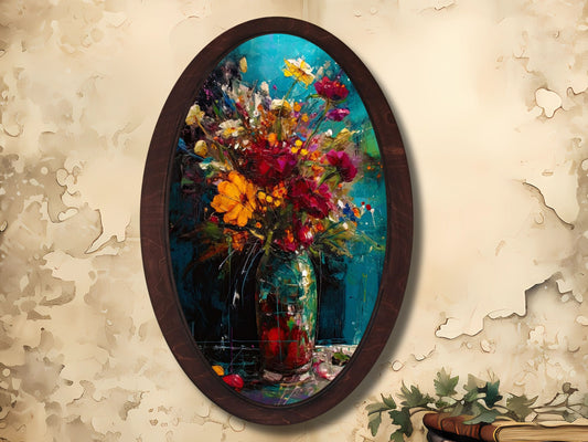 Soyut Renkli Çiçek Vintage Ahşap Tablo – Pastoral Oval Duvar Dekoru - Ev Ofis Dekorasyonu