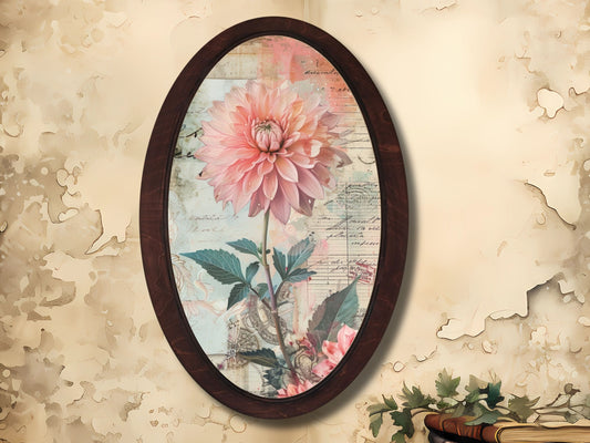 Retro Stil Çiçek Desenli Oval Ahşap Tablo – Klasik Oval Duvar Dekoru - Nostaljik Dekoratif Duvar Tablosu