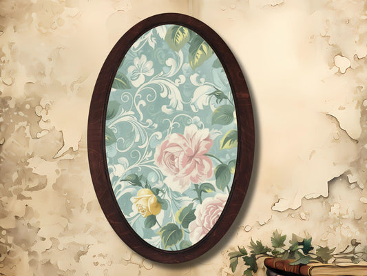 Retro Stil Dekoratif Oval Ahşap Tablo – Klasik Oval Duvar Dekoru - Çiçek Motifli Dekoratif Duvar Tablosu