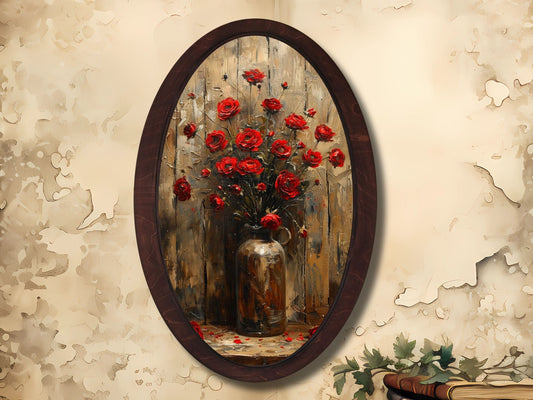 Rustik Ahşap Gül Tablosu - Vintage Oval Duvar Tablosu - Ev Ofis Dekoru