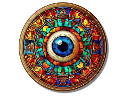 Göz ve Mandala Desenli Vitray Cam Tablo – Spiritüel Sanat - Yuvarlak Renkli Duvar Dekoru