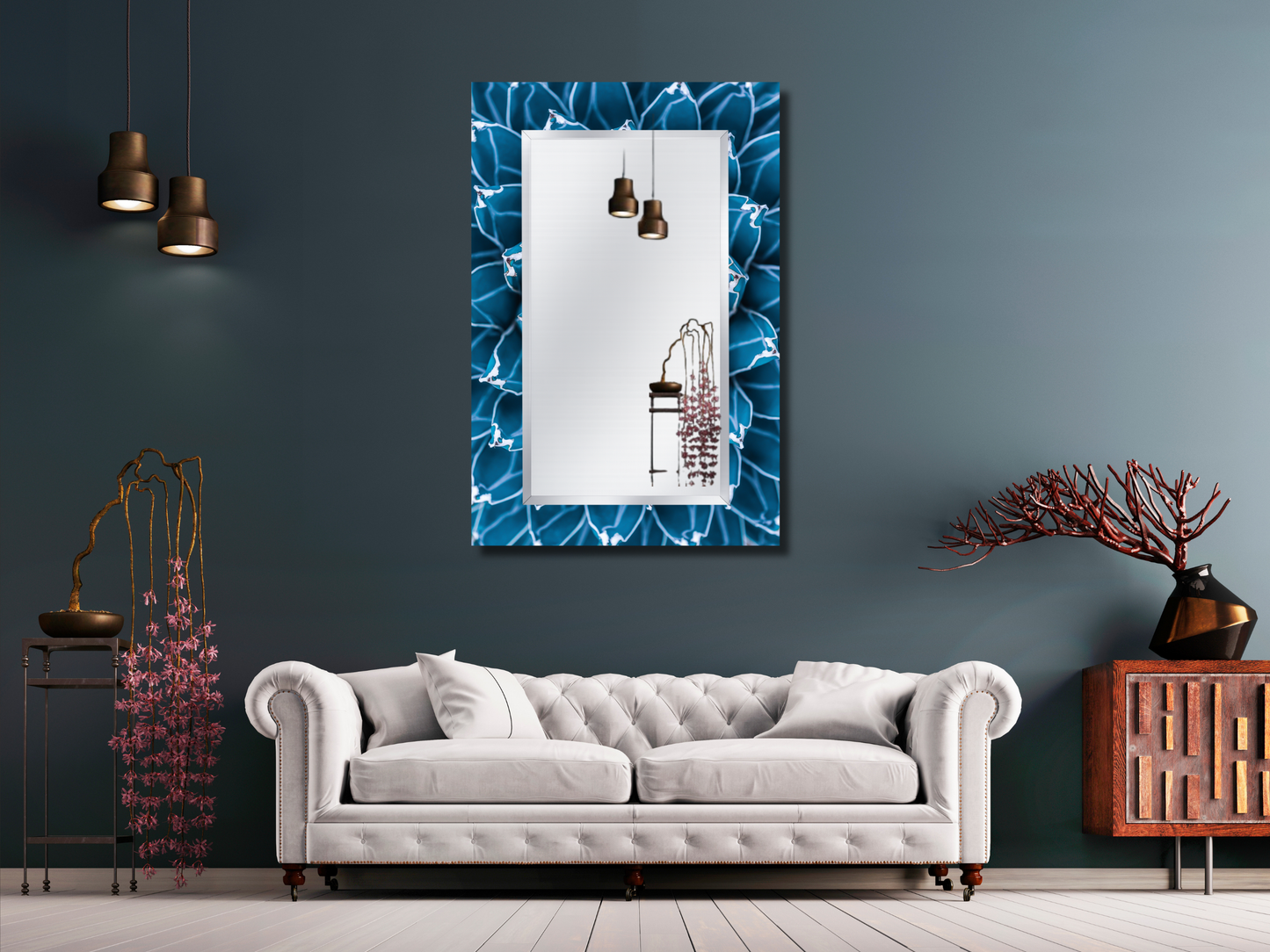 Mavi Kaktüs Desenli Ayna - Modern Tasarım Boy Aynası - Banyo Aynası - Yatak Odası Aynası