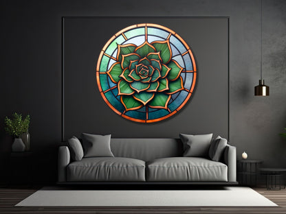 Lotus Vitray Stil Yuvarlak Cam Tablo – Modern Duvar Dekoru