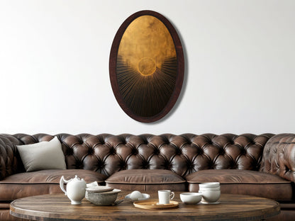 Altın Güneş Soyut Tasarım Oval Ahşap Tablo - Modern Spiritüel Duvar Dekoru
