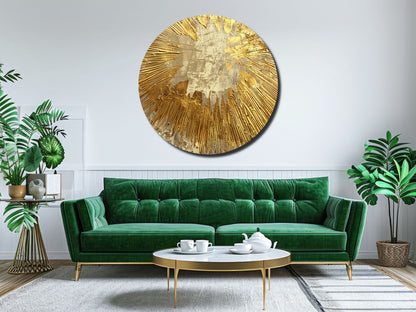 Gold Patlama Efektli Soyut Cam Tablo – Modern Yuvarlak Dekoratif Tasarım Tablo