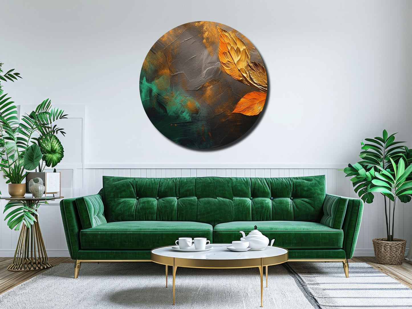 Modern Yaprak Temalı Yuvarlak Cam Tablo - Soyut ve Pastel Tasarım
