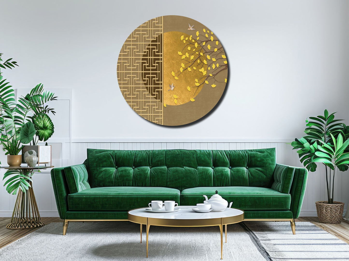 Kuş ve Yaprak Desenli Cam Tablo – Gold Yuvarlak Modern Duvar Dekoru