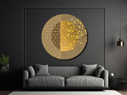 Kuş ve Yaprak Desenli Cam Tablo – Gold Yuvarlak Modern Duvar Dekoru