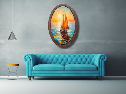 Gün Batımında Yelkenli Ahşap Tablo – Soyut & Deniz Temalı Modern Oval Duvar Dekoru