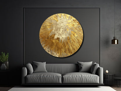 Gold Patlama Efektli Soyut Cam Tablo – Modern Yuvarlak Dekoratif Tasarım Tablo