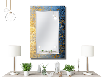 Gold Mavi Mermer Desenli Ayna - Modern Tasarım Ayna - Banyo Aynası - Minimalist Boy Aynası
