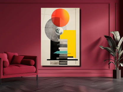 Modern Geometrik Güneş ve Ay Cam Tablo – Soyut ve Sanatsal Ev Dekorasyonu